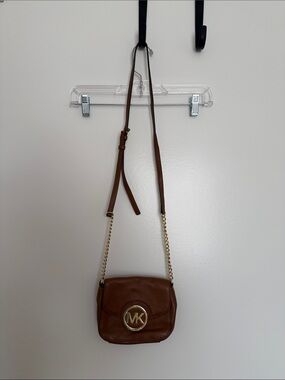 Michael Kors Cognac Leather Crossbody with Gold MK Emblem
